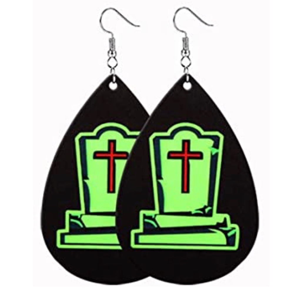 HALLOWEEN GLOW IN THE DARK HEADSTONE FAUX LEATHER TEAR DROP EARRINGS